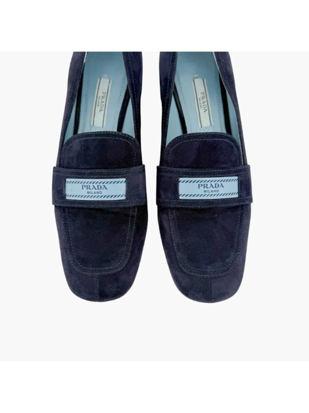 Prada Logo Loafer Pumps Heels Navy Suede Size 37.5 US 7.5 Women’s Blue